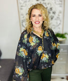 Black/floral cinch waist top