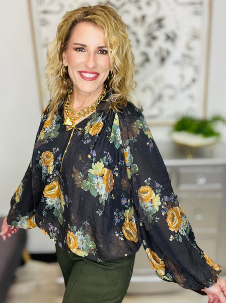 Black/floral cinch waist top