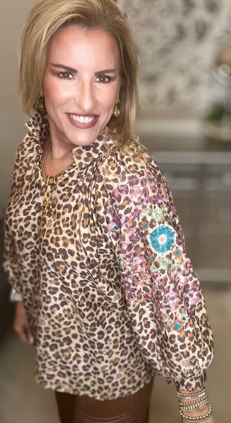 Latte Leopard Embroidered Sleeve Top