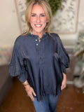 The Navy Breeze Ruffled Henley Blouse