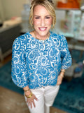 Mediterranean Scroll Three-Quarter Sleeve Top