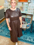 Espresso Faux Leather Short-Sleeve Midi Dress