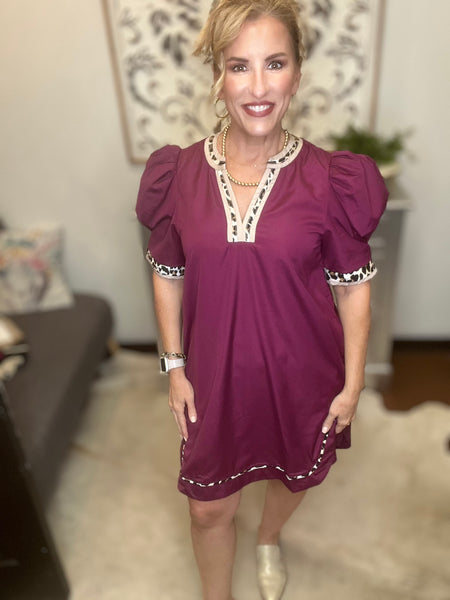 Plum Dress with Leopard trim