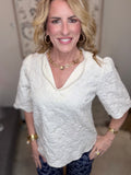 Pearl-Trim Floral Jacquard Top – Ivory