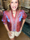 Copper Blue Shimmer Puff-Sleeve Top