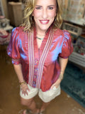 Copper Blue Shimmer Puff-Sleeve Top