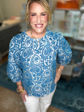 Mediterranean Scroll Three-Quarter Sleeve Top