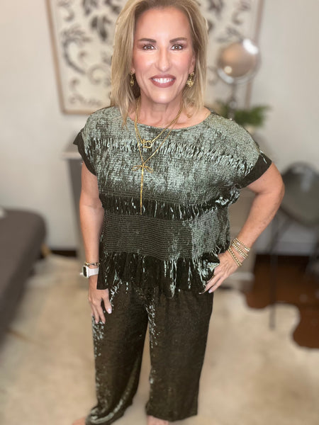 Olive Crushed Velvet Pants