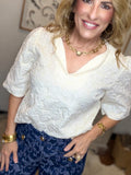 Pearl-Trim Floral Jacquard Top – Ivory